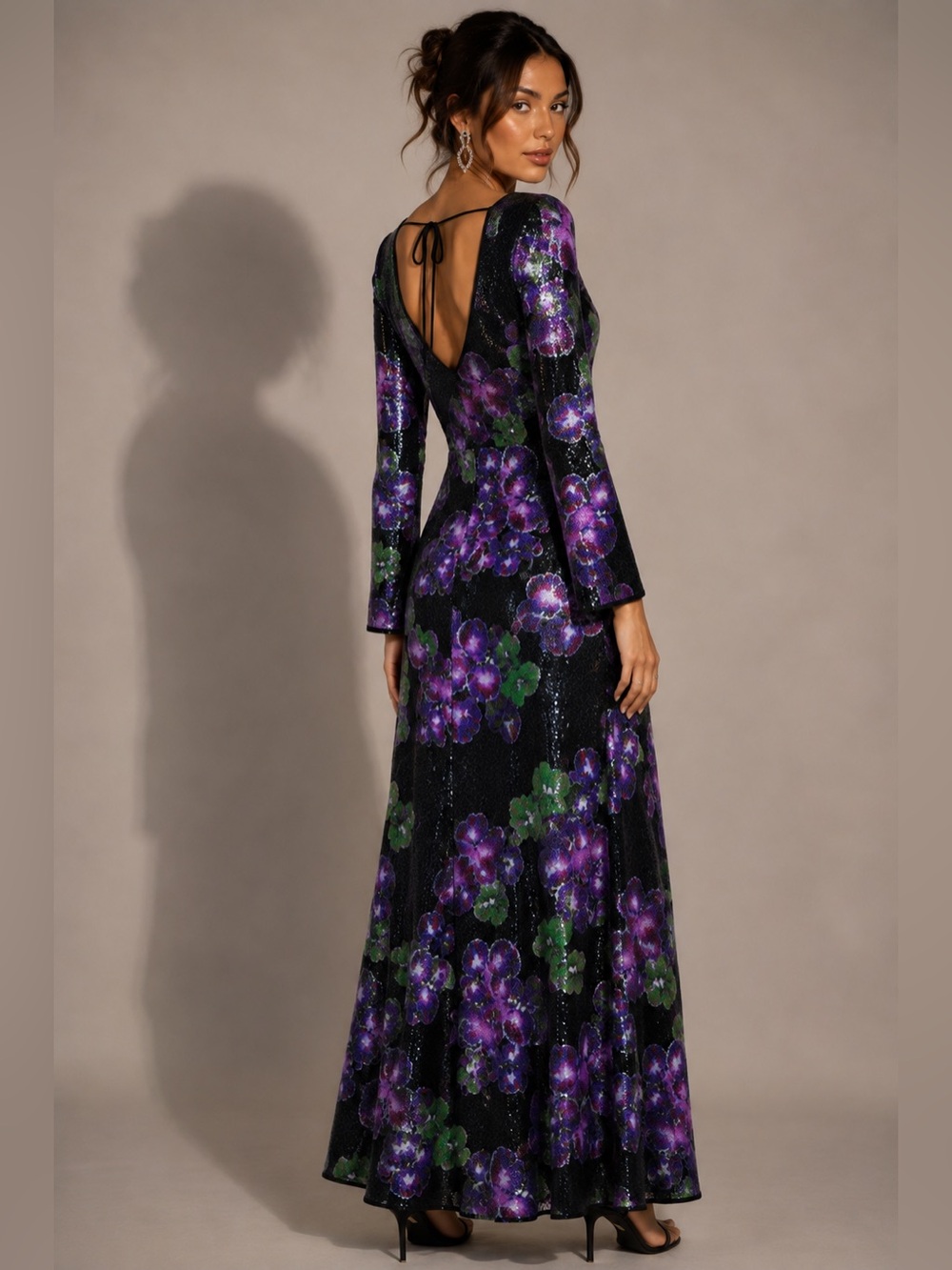 The Wolf Gang Lenee Black Purple Floral Sequin Maxi Dress Bell Sleeve S